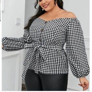 Shein Curve- Black and white Buffalo plaid bardot blouse. Button down with belt